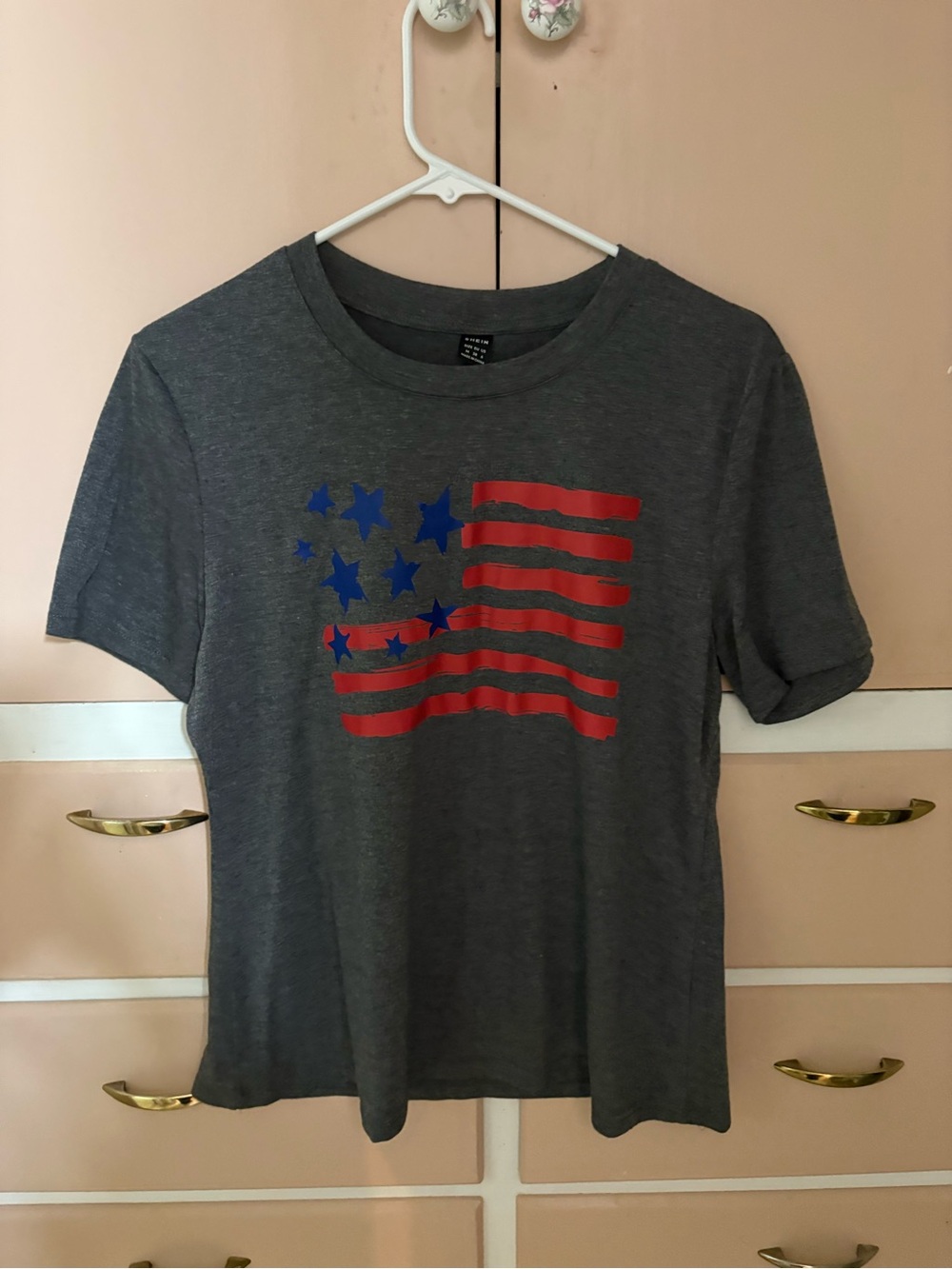 SHEIN Gray Short Sleeve Tee with Red Stripes & Blue Stars